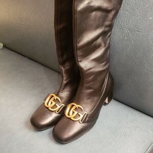 Gucci Black Leather Heeled Boots with Gold Accent